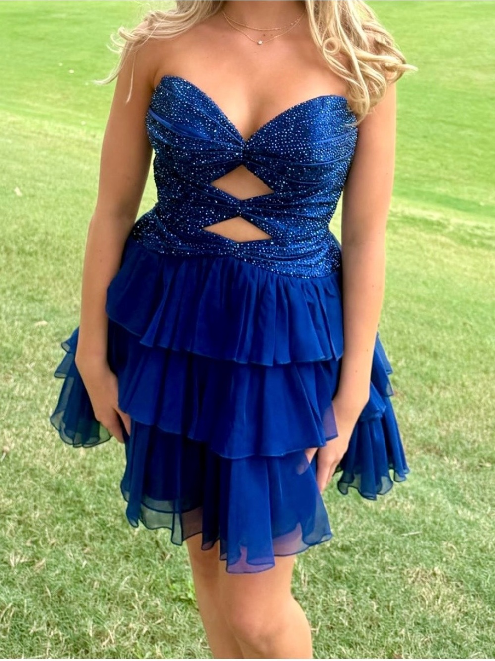 Sherri Hill Royal Blue Strapless Beaded Ruffle Mini Dress